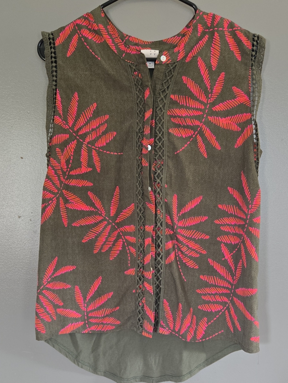 Olive Sleeveless Camisole with Pink Leaf Print